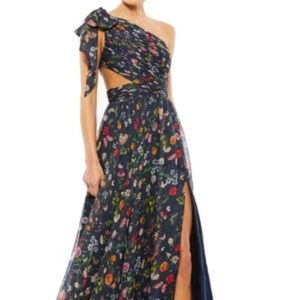 Mac Duggal Navy Floral One-Shoulder Dress